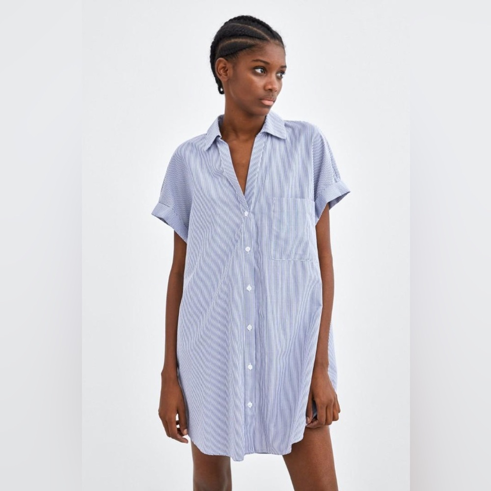 Zara Women's Blue and White Striped Mini Dress